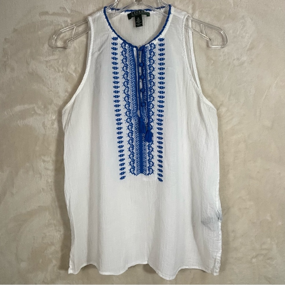 RALPH LAUREN Women’s Sleeveless White 100% Cotton Gauze Embroidered Top Size M